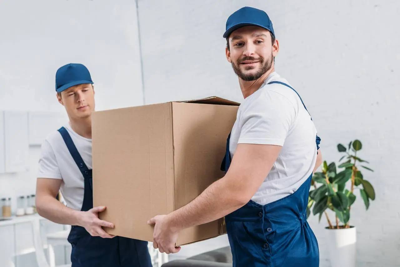 Moving team carefully loading furniture boxes into a truck for an interstate relocation